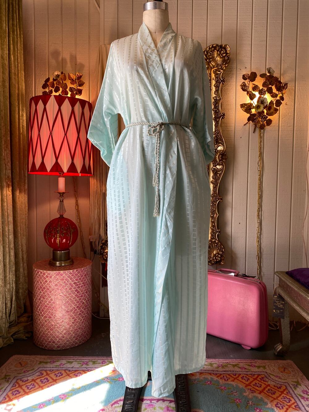 vintage 1980s mint green striped robe, 80s dressing gown, miss elaine, check, m